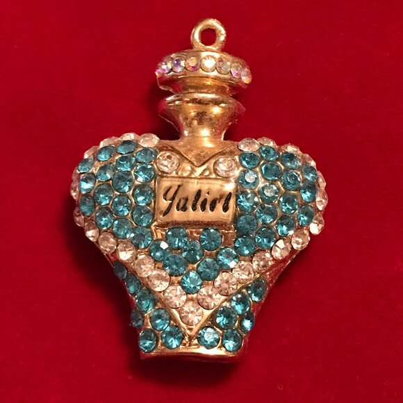 Betsey Johnson Gold and Blue Rhinestone Perfume Bottle Charm Pendant - Picture 1 of 4